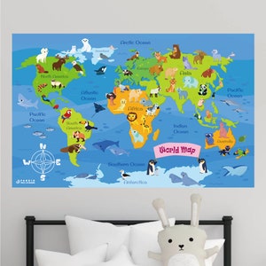 Animal World Map Abnehmbare Stoff Wandsticker / Aufkleber, Peel & Stick für geografisch lernen, Kinderzimmer, Kinderzimmer, Wohnzimmer