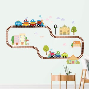 Trains & Tracks Removable Fabric Wall Stickers / Decals with Traffic Light, House, Trues, Peel and Stick for Nursery, Kids Bedroom