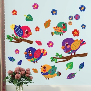 Colorati uccelli famiglia tessuto rimovibile adesivi parete / decalcomanie con rami, fiori, note musicali, per asilo nido, camera da letto per bambini