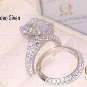 3.78Ct Emerald Cut Colorless Moissanite Ring, 1.56Ct Moissanite On Band,Hidden Halo Ring,Engagement Ring Set, Wedding Ring Set, Bridal Sets