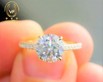 Hidden Halo Prong Setting Forever One Round Moissanite Engagement Ring, Moissanite Wedding Ring, 14K Gold Ring, Art Deco Ring, Promise Ring