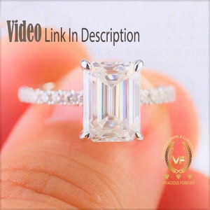 2.50ct Emerald Cut Forever One DEF Moissanite Engagement Ring with 0.62ct Accented Pave Natural Diamonds Band, 14K Solid Gold Wedding Ring