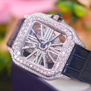 40.67mm Dial Men Wrist Hip Hop Watch, VVS Moissanite Watch, Men's Fully Iced Out Watch, Fully Bust Down Iced Out Blue Belt Watch