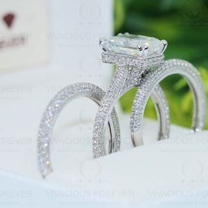 Radiant Forever One DEF Moissanite Ring, 1.6Ct Moissanite On Band,Hidden Halo Ring,Engagement Ring Set, Wedding Ring Set, Art Deco Trio Set image 3