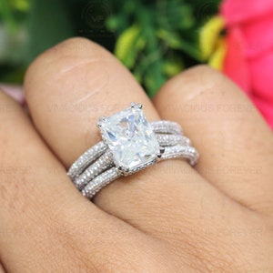Radiant Forever One DEF Moissanite Ring, 1.6Ct Moissanite On Band,Hidden Halo Ring,Engagement Ring Set, Wedding Ring Set, Art Deco Trio Set