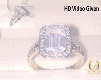 2.78Ct Colorless Moissanite Emerald Halo Engagement Ring, Split Shank Ring,  Pave Moissanite Ring, Bezel Setting Ring, Gold Platinum Ring