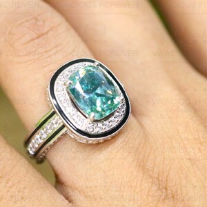 Blue Moissanite Ring for Women, 4.89CTW Elongated Cushion Cut Cyan Blue Moissanite Unique Engagement Halo Ring, Halo Wedding Ring for Her