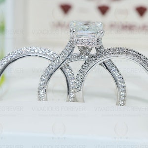 Radiant Forever One DEF Moissanite Ring, 1.6Ct Moissanite On Band,Hidden Halo Ring,Engagement Ring Set, Wedding Ring Set, Art Deco Trio Set image 4