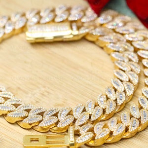 15.5mm Colorless Moissanite Cuban, 51.6CTW VVS1 Moissanite Halo Baguette Link Hip Hop Alternate Real Diamond Iced Out Handmade Necklace Gift
