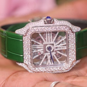 40.67mm Dial Men Wrist Hip Hop Watch, VVS  Moissanite Watch, Men's Fully Iced Out Watch, Fully Bust Down Iced Out  Green Belt Watch