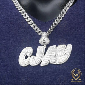 Get Your Custom WORD VVS/DEF Round Moissanite Pendent, Double White Gold Plated Ice Out Necklace, 14mm Hip Hop 20&quot; Chain, Customized Pendent