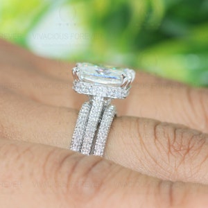 Radiant Forever One DEF Moissanite Ring, 1.6Ct Moissanite On Band,Hidden Halo Ring,Engagement Ring Set, Wedding Ring Set, Art Deco Trio Set image 9