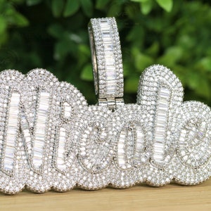 VVS1 Round & Baguette Moissanite Custom Pendent, Sparkle Highly White Gold Plated Iced Out, Iced out Custom Name Pendant, Moissanite letter