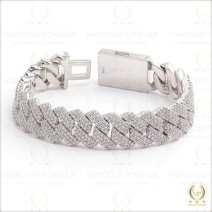 Colorless Moissanite Mens Womens Iced Out Prong Alternate Real Diamond Cuban Link Bracelet Solid White Gold Plated , All Sizes Available