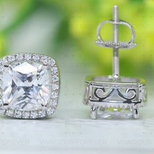 4.54CTW Cushion Cut Colorless Genuine Moissanite, Side Moissanite, Moissanite Screw Back Halo Earring, White Gold Stud Women Earring For Her