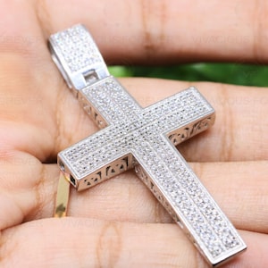 Very Large 3.6&quot; x 2.0&quot; Iced Out Colorless MOISSANITE Cross Hip Hop Sparkle Forever Pendant, Solid White Gold Plated, Passes Diamond Tester