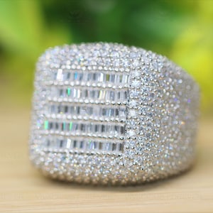 14K White Gold Champion Solid Ring, Full Ice out Baguette Diamond Ring, Real VVS Moissanite Diamond Ring For Men, Custom Bustdown Hip Hop