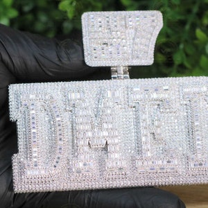 Custom Name VVS1 Round Cut & Baguette Moissanite Custom Pendent, Alternate Real Diamond White Gold Plated Hip Hop Pendent, Iced out Pendent