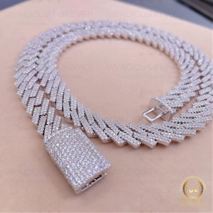 14mm Width Hip Hop Miami 42.2TCW Colorless Moissanite Alternate Real Diamond Men&#39;s Iced Cuban Link Chain 6&quot; TO  24&quot; Length White Gold Plated