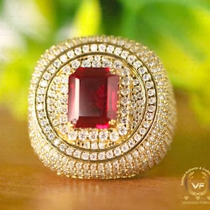 Colorless Moissanite Men&#39;s Custom Made Solid Gold Super Iced Out Emerald Cut Red Ruby Hip Hop Signet Pinky Ring, Gift For Rapper Party Ring
