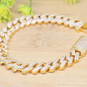 Colorless Moissanite Alternate Real Diamond Mens/Womens Iced Out Prong Diamond Cuban Link Bracelet YELLOW GOLD PLATED, All Sizes Available