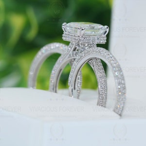 Radiant Forever One DEF Moissanite Ring, 1.6Ct Moissanite On Band,Hidden Halo Ring,Engagement Ring Set, Wedding Ring Set, Art Deco Trio Set image 5