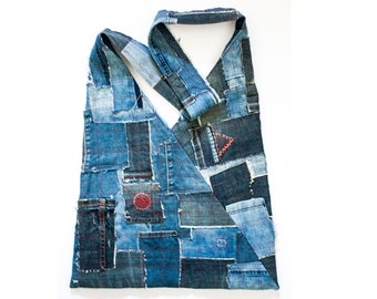 Bolso Boro de mezclilla reciclada: bolso tote reversible con bordado sashiko.
