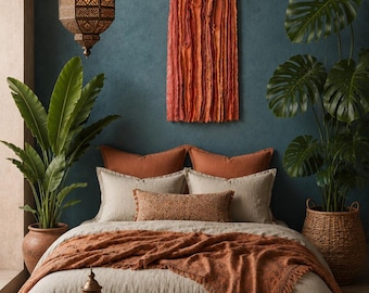 Tapiz textil teñido a mano: Arte 3D color caqui y naranja quemado
