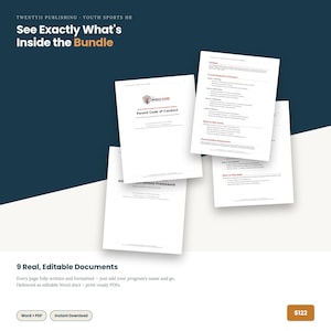 May include: A digital bundle of nine editable documents for youth sports, featuring white pages with black text, including a Parent Code of Conduct and an Athlete Expectations Framework. The layout displays multiple overlapping document pages.