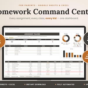 May include: A digital Homework Command Centre dashboard for Google Sheets and Excel. The interface displays an assignment tracker with charts, status bars, and lists for tracking student tasks. Text includes "Homework Command Center" and "Track Up to 4 Kids."