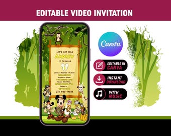 Bearbeitbare Safari-Videoeinladung | Einladung zum 1. Geburtstag mit Mickey Mouse | Canva-Vorlage