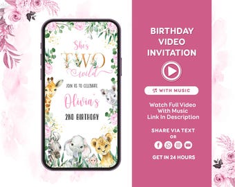Safari Birthday Invitation Girl Two Wild Invitation Gold Jungle Animals invitation 2nd Birthday Invitation Safari Video Invitation
