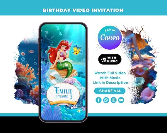 Editable Little Mermaid Invitation Little Mermaid Birthday Invitation Ariel Birthday Invitation Little Mermaid Party Invite Video Invitation