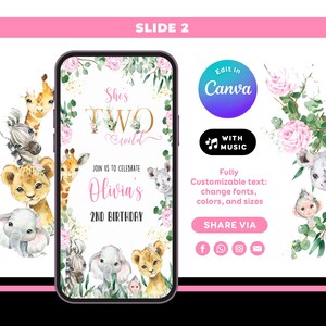 May include: A digital invitation for a second birthday party, featuring watercolor illustrations of safari animals and floral accents. The invitation reads "She's Two Wild" and "Join us to celebrate Olivia's 2nd Birthday". The design includes options to edit in Canva.