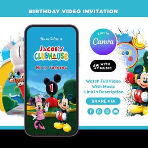 Mickey Mouse Invitation, Mickey video invitation, Mickey Mouse Invite, 1st Birthday Invitation, Mickey Party Invite, Editable Canva template