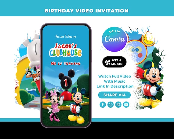 Mickey Mouse Invitation, Mickey video invitation, Mickey Mouse Invite, 1st Birthday Invitation, Mickey Party Invite, Editable Canva template