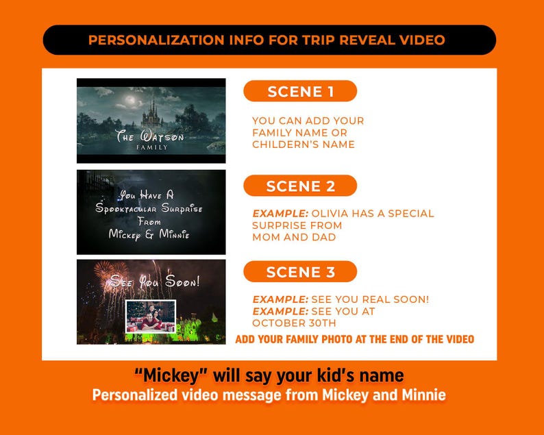 May include: A digital template for a personalized trip reveal video featuring three scenes with text overlays. Scene 1 shows a castle, Scene 2 displays spooky text, and Scene 3 includes fireworks and a photo placeholder. Text includes Personalization Info For Trip Reveal Video, Scene 1, Scene 2, Scene 3, and Mickey will say your kid's name.