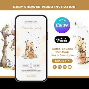 Invitación editable para baby shower de Winnie the Pooh, temática de Miel, plantilla de Canva de género neutro.