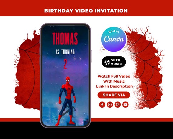 Editable Spiderman Invitation, Spiderman Birthday Invitation, Spiderman Video Invitation, Spiderman Invite, Spider-man Invite