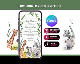 Invitación editable para baby shower con temática de safari / Invitación para baby shower de niño con temática de safari / Plantilla de Canva