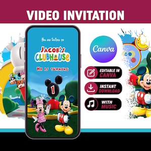 Könnte beinhalten: Eine digitale Videoeinladung auf einem Smartphone-Bildschirm. Die Einladung zeigt den Text "Jacob's Clubhouse" und "He is turning 1". Das Design beinhaltet Zeichentrickfiguren und das Canva-Logo. Zusätzlicher Text lautet "Editable in Canva", "Instant Download" und "With Music".