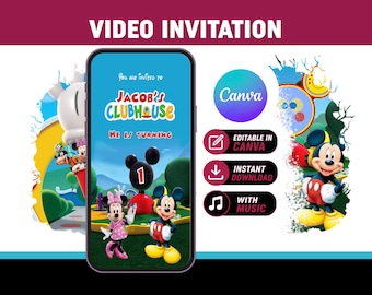 May include: A digital video invitation on a smartphone screen. The invitation features the text "Jacob's Clubhouse" and "He is turning 1". The design includes cartoon characters and the Canva logo. Additional text includes "Editable in Canva", "Instant Download", and "With Music".