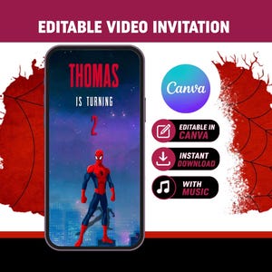 Spiderman Birthday Video Invitation | Superhero Invite | Editable Canva Template image 1