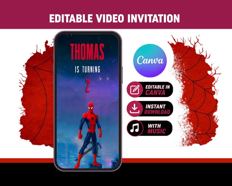 Spiderman Birthday Video Invitation | Superhero Invite | Editable Canva Template image 1