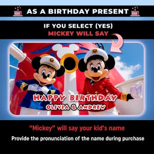 May include: Image featuring Mickey and Minnie Mouse in sailor outfits. Text reads "Happy Birthday Olivia & Andrew" and "Mickey will say your kid's name." The background is a ship with blue skies.