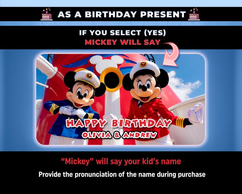 May include: Image featuring Mickey and Minnie Mouse in sailor outfits. Text reads "Happy Birthday Olivia & Andrew" and "Mickey will say your kid's name." The background is a ship with blue skies.