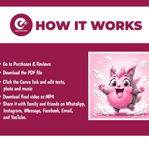 May include: A maroon and white instructional graphic titled HOW IT WORKS with the epicevites logo. It lists five steps for downloading and editing a digital file, featuring an illustration of a pink and grey creature surrounded by white envelopes.