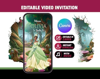 Princess Tiana Birthday Video Invitation | Editable Canva Template | Princess and Frog Invite