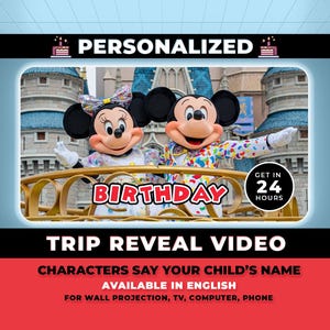 May include: A personalized birthday trip reveal video featuring Mickey and Minnie Mouse in front of a castle. The video promises to have characters say a child's name. Text includes "Get in 24 hours".