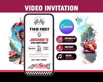 Two Fast Invitation Video | Race Car 2nd Birthday Invite | Editable Canva Template